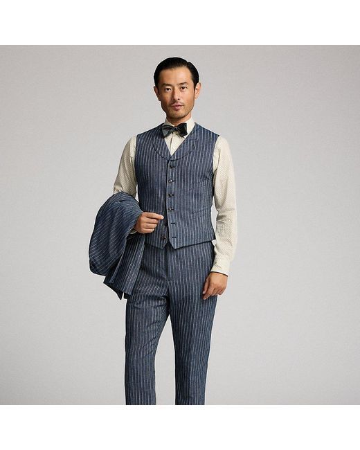 RRL Blue Striped Herringbone Shawl Waistcoat for men