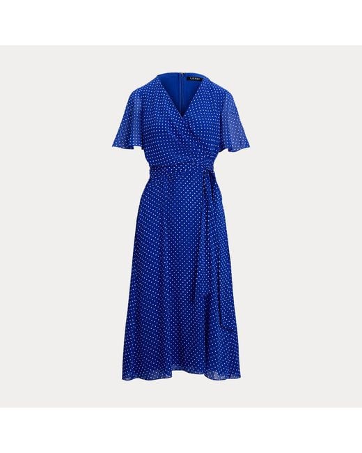 Ralph Lauren Blue Polka-Dot Belted Crinkle Georgette Dress