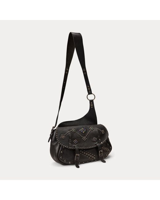 RRL Black Studded Leather Saddle Bag for men