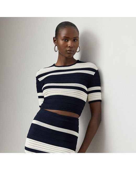 Ralph Lauren Blue Striped Textured Cropped Sweater