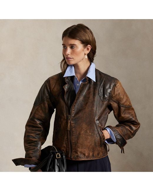 Polo Ralph Lauren Brown Bikerjacke Aus Rissigem Leder