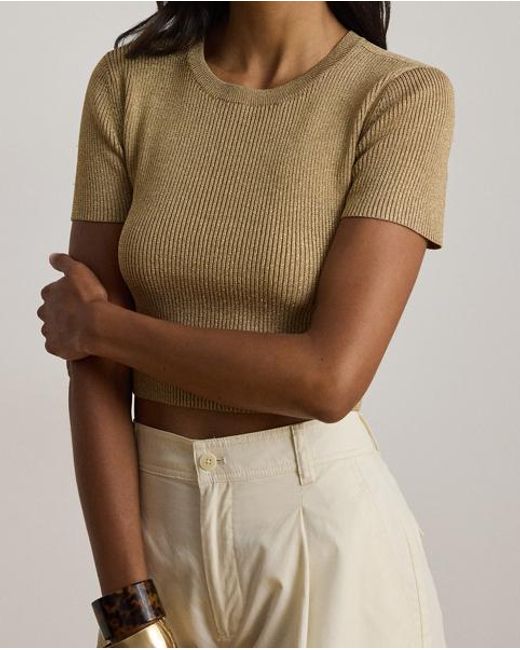 Ralph Lauren Green Metallic Cropped Short-Sleeve Jumper