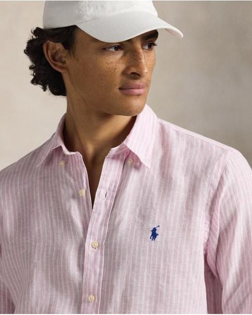 Polo Ralph Lauren Pink Custom Fit Striped Linen Shirt for men