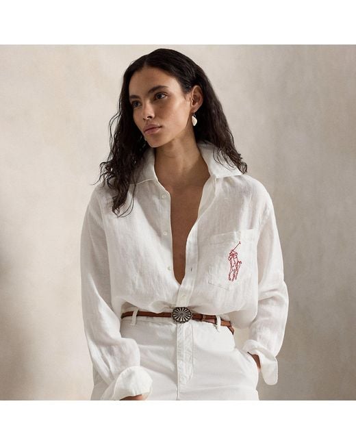 Polo Ralph Lauren Gray Oversize Fit Big Pony Linen Shirt