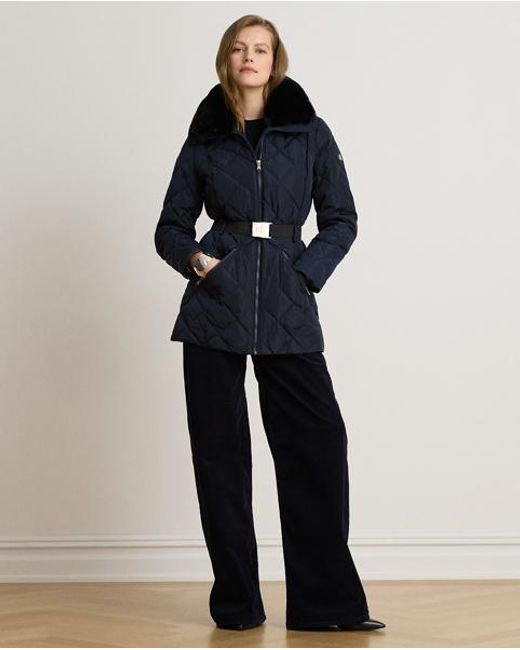 Ralph Lauren Blue Faux Fur-Trim Diamond-Quilted Down Coat