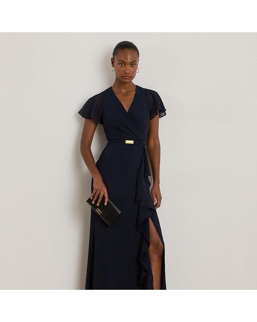 Ralph Lauren Blue Ralph Lauren Belted Georgette Flutter-Sleeve Gown