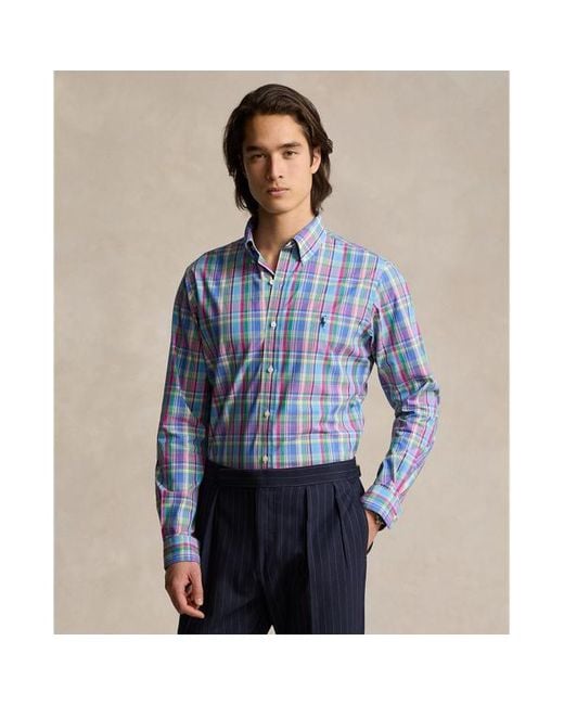 Camicia scozzese in popeline Custom-Fit di Polo Ralph Lauren in Blue da Uomo