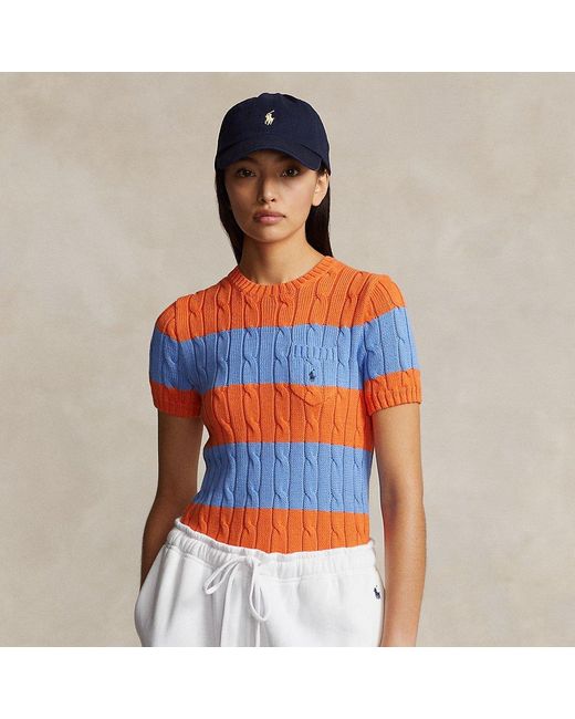 Ralph Lauren Orange Striped Cable-knit Short-sleeve Sweater