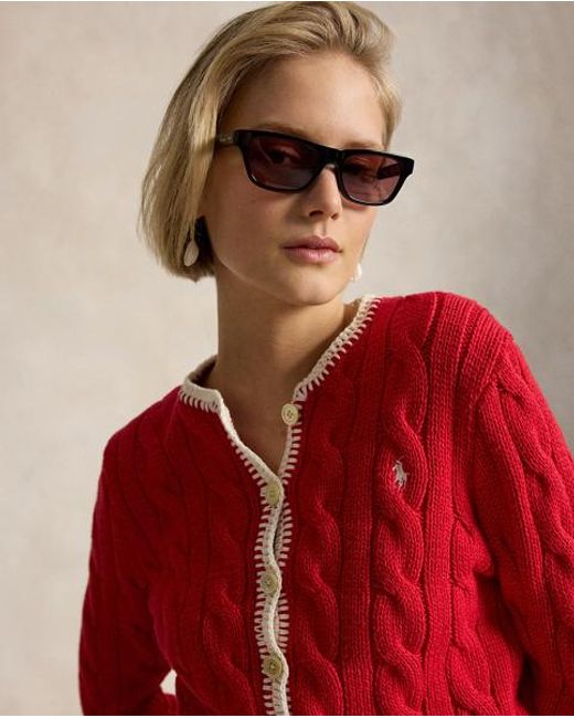 Polo Ralph Lauren Red Cable-Knit Cropped Cardigan