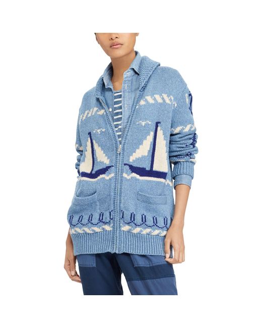 Polo Ralph Lauren Sailboat Shawl Sweater in Blue | Lyst