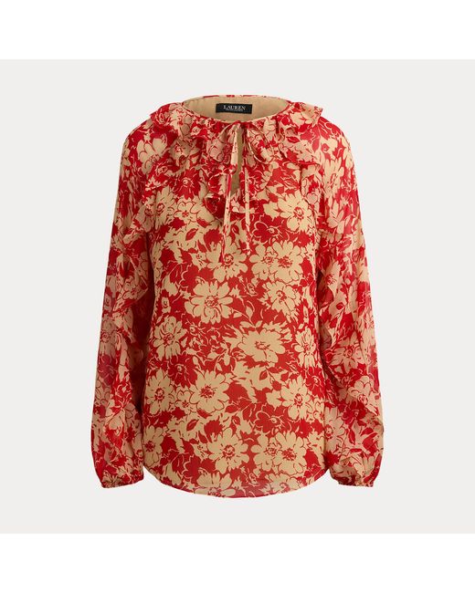 Ralph Lauren Red Floral Ruffle-Trim Georgette Blouse