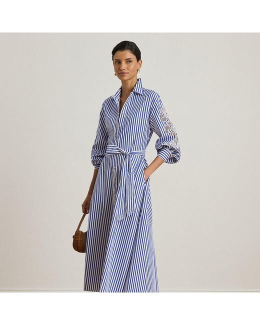 Ralph Lauren Blue Striped Eyelet Broadcloth Shirtdress