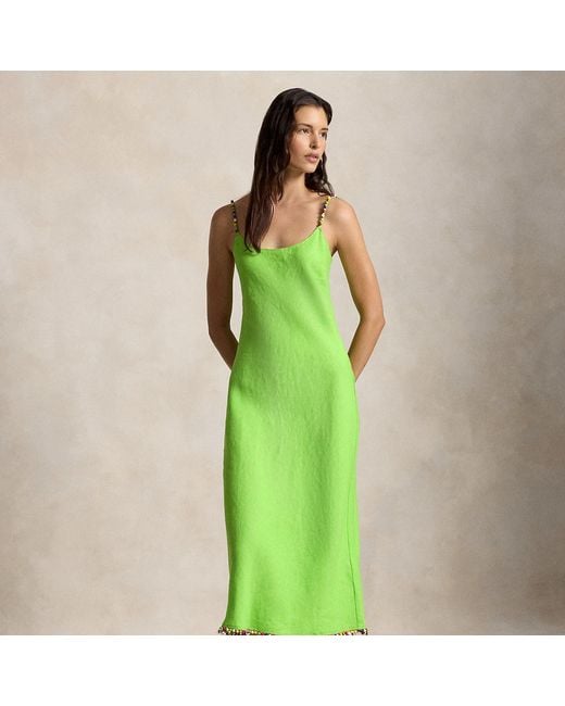 Polo Ralph Lauren Green Beaded-Trim Linen Slip Dress