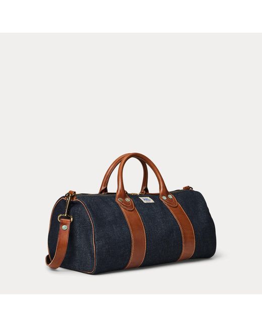 RRL Blue Leather-Trim Denim Duffel for men