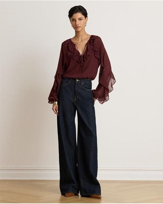 Ralph Lauren Purple Ruffle-Trim Crinkle Georgette Blouse