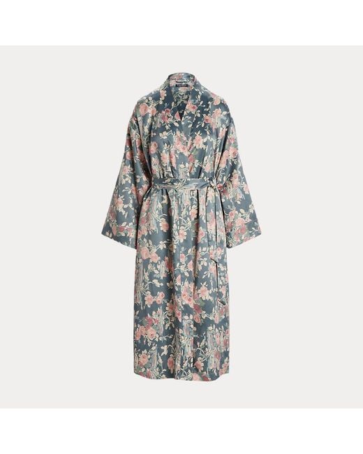 Ralph Lauren Blue Geblümter Satin-Morgenmantel Mit Gürtel