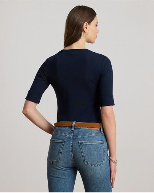 Camiseta De Algodón Con Cuello De Pico Ralph Lauren de color Blue