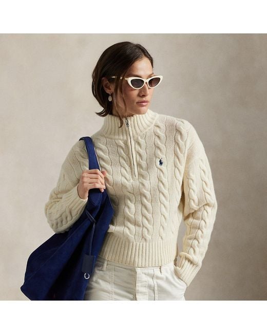 Polo Ralph Lauren Blue Cable Wool-Cashmere Half-Zip Sweater