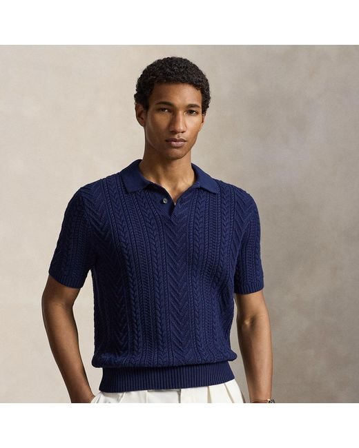 Polo Ralph Lauren Blue Aran-Knit Cotton Polo-Collar Sweater for men