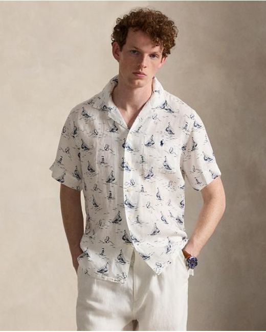 Polo Ralph Lauren White Classic Fit Nautical-Print Linen Shirt for men