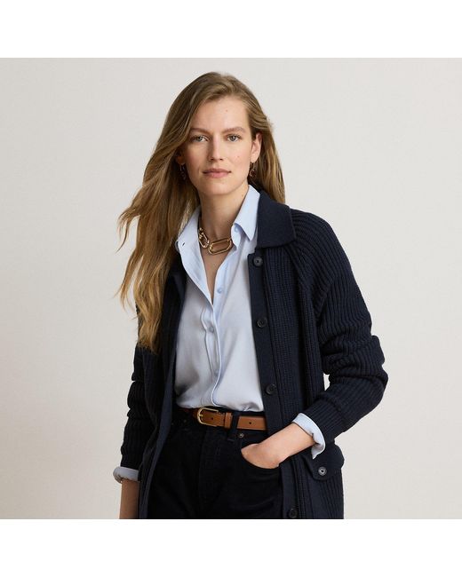 Ralph Lauren Blue Wool-Blend Rib-Knit Collared Cardigan