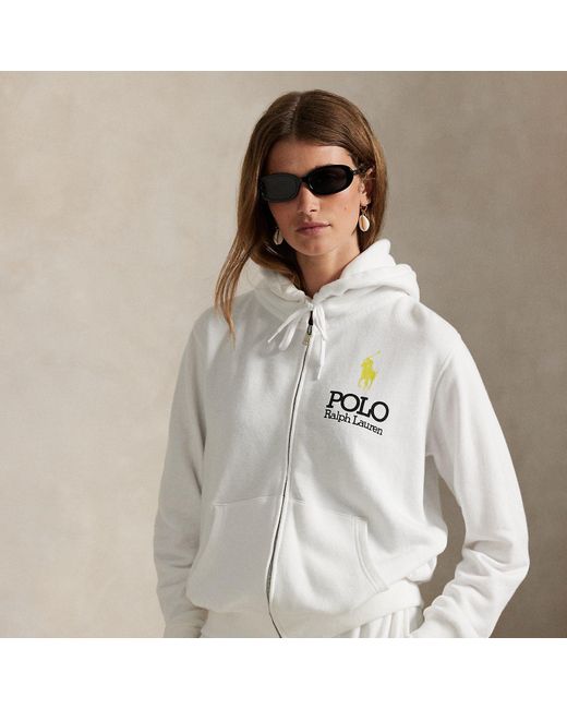 Ralph Lauren Big Pony Lightweight Fleece Zip Hoodie in White | Lyst