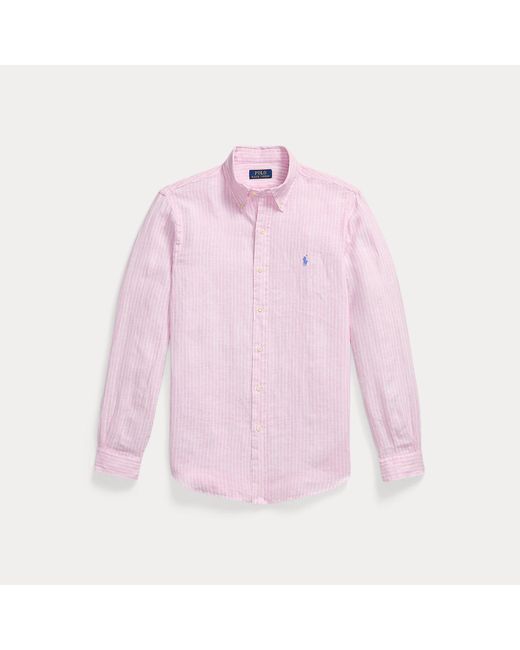 Polo Ralph Lauren Pink Custom Fit Striped Linen Shirt for men