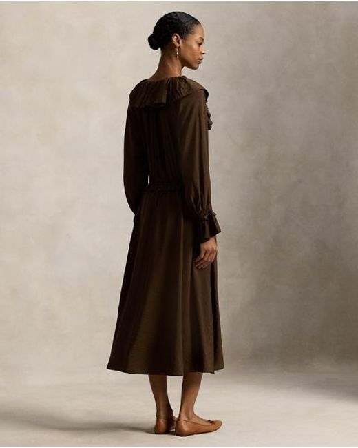 Polo Ralph Lauren Brown Ruffled Blouson Crepe Dress