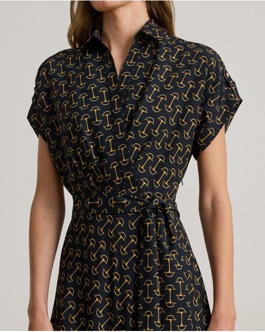 Ralph Lauren Black Geo-Print Belted Crepe Dress