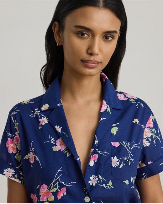 Ralph Lauren Blue Floral Cotton-Blend Lawn Boxer Sleep Set