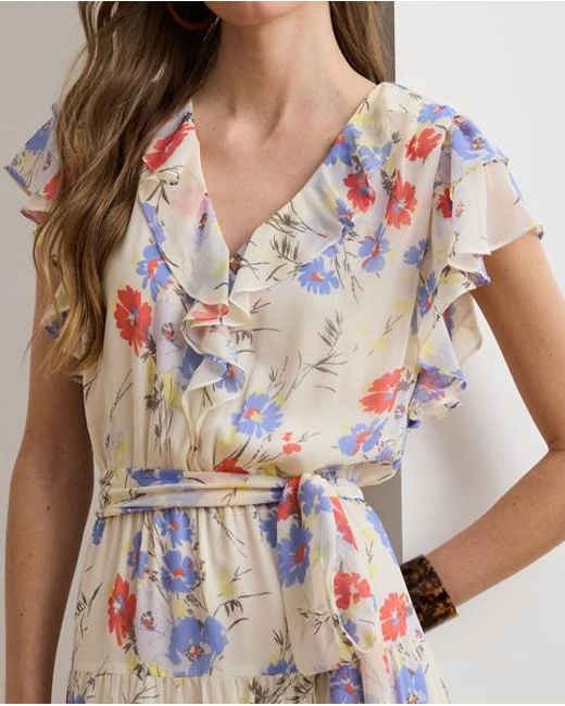 Ralph Lauren Natural Floral Belted Georgette Tiered Dress
