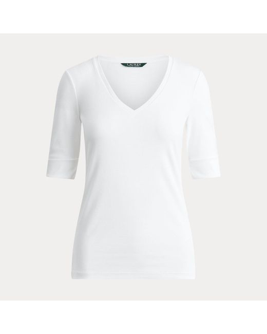 Ralph Lauren White Stretch Cotton Elbow-Sleeve V-Neck Tee
