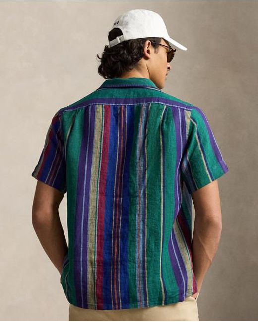 Polo Ralph Lauren Blue Classic Fit Striped Linen Camp Shirt for men