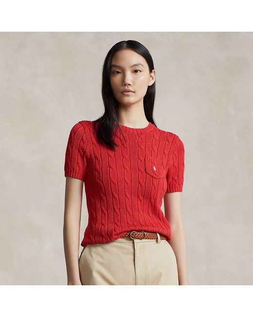 Ralph Lauren Red Cable-knit Cotton Short-sleeve Sweater