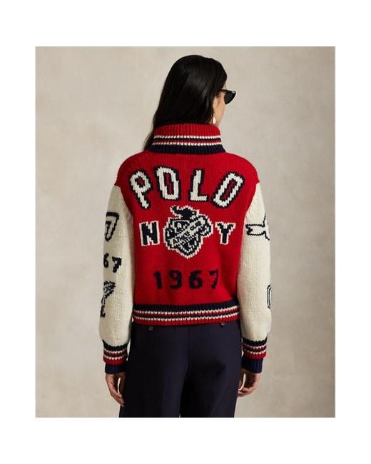 Cardigan con zip e lettere in misto lana di Polo Ralph Lauren in Red