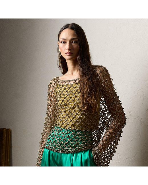 Ralph Lauren Collection Green Metallic Hand-crocheted Boatneck Jumper