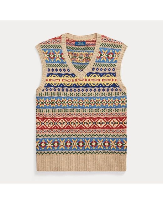 Polo Ralph Lauren Blue Fair Isle Cotton-Linen Sleeveless Jumper for men