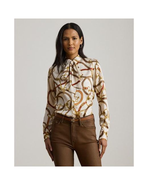 Ralph Lauren Brown Classic Fit Print Twill Tie-Neck Shirt