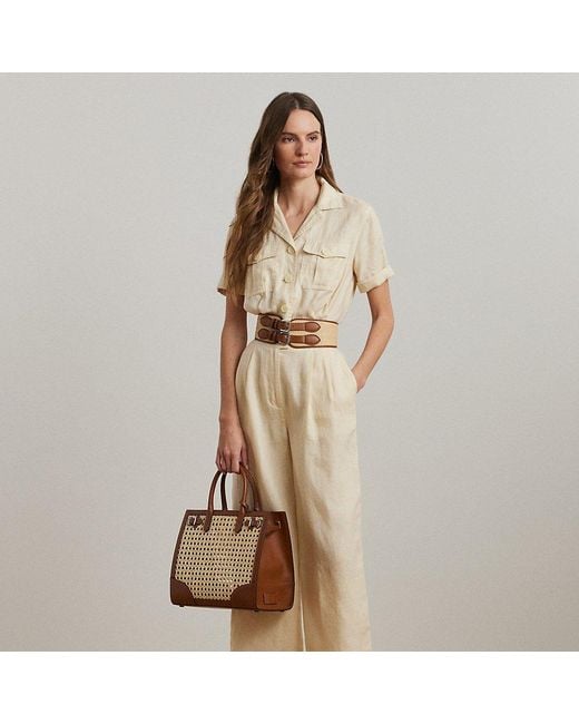 Ralph Lauren Brown Ralph Lauren Embroidered Linen Short-Sleeve Jumpsuit