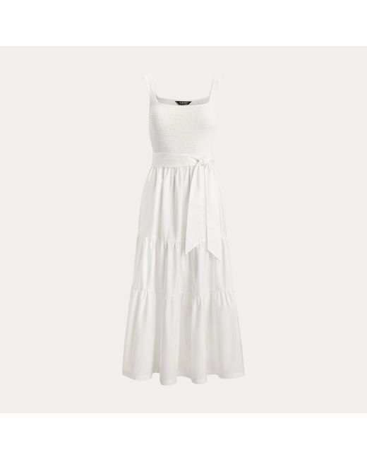 Ralph Lauren White Tiered Belted Jersey & Broadcloth Dress