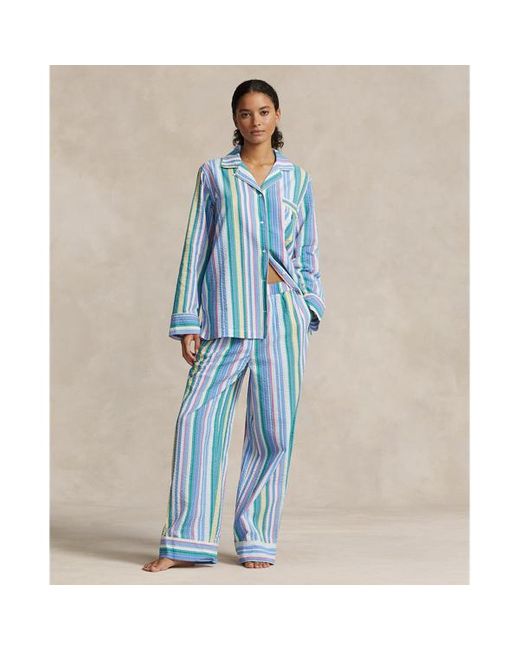 Ralph Lauren Gestreepte Seersucker Pyjamaset in het Blue