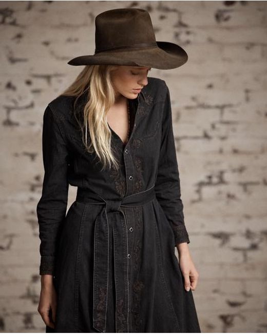 RRL Gray Embroidered Denim Western Shirtdress