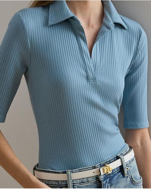 Ralph Lauren Blue Rib-Knit Elbow-Sleeve Polo Tee