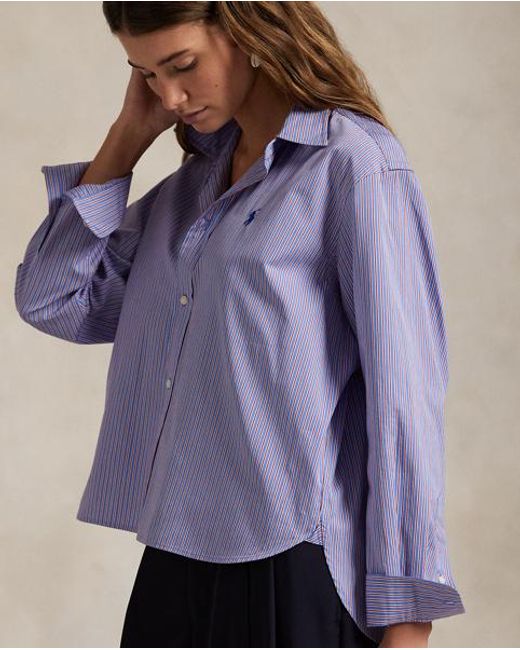 Polo Ralph Lauren Purple Cropped Boxy Fit Striped Cotton Shirt