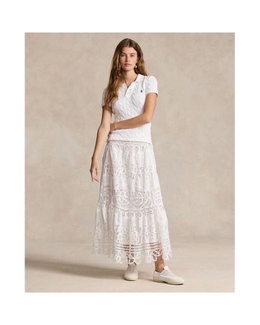 Falda midi de lino con encaje Ralph Lauren de color White