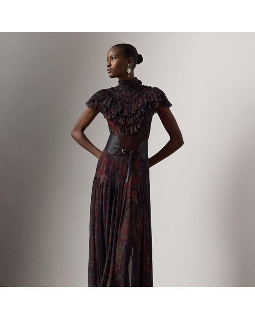Ralph Lauren Blue Geblümtes Chiffon-Abendkleid Cressida
