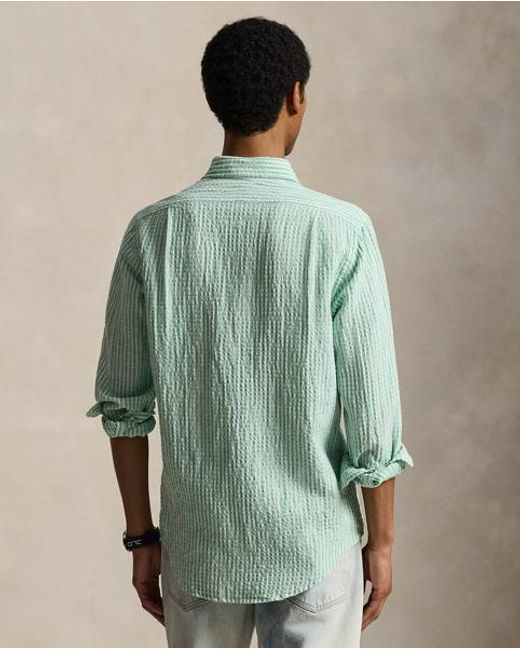 Polo Ralph Lauren Green Custom Fit Striped Seersucker Shirt for men
