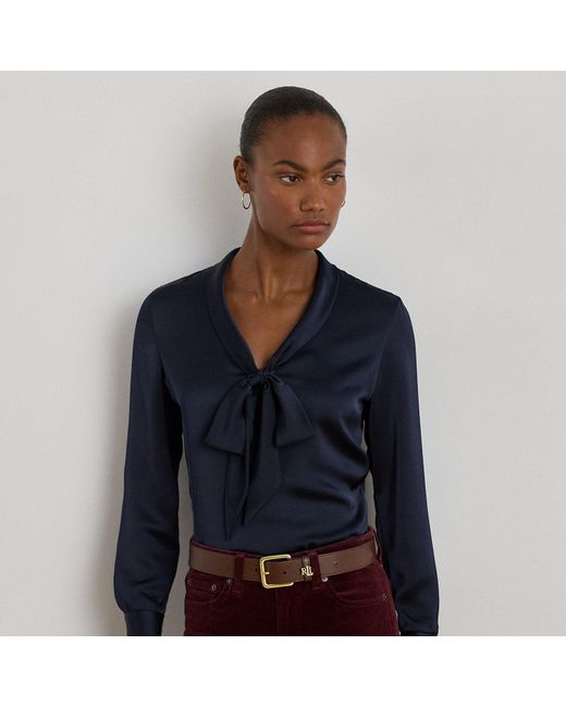 Ralph Lauren Blue Satin Charmeuse Tie-Neck Blouse