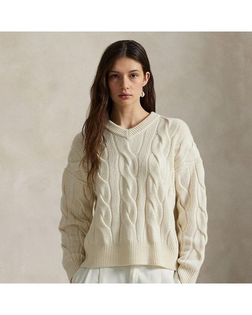 Polo Ralph Lauren Natural Cable-Knit Wool-Cashmere V-Neck Sweater