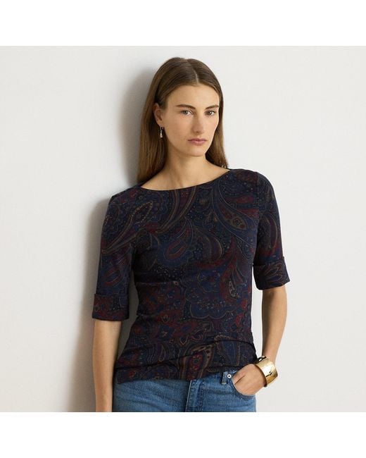 Ralph Lauren Black Paisley Stretch Cotton Boatneck T-Shirt